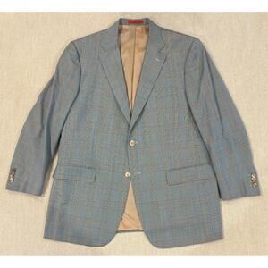 ISAIA Napoli Sport Coat 56 IT / 46 US Super 140s Wool Blue Glen Check Blazer EUC